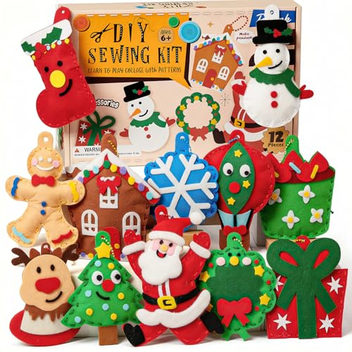 Toylink Filz Nähset Kinder, 12Pcs Bastelset Basteln Kinder ab 4 5 6 7 8 Jahre, Nähen mit Farbige Stickgarn Füllwatte, Kindergeburtstag Kreativ DIY Set Basteln Geschenk für Jungen Mädchen (Weihnachten)