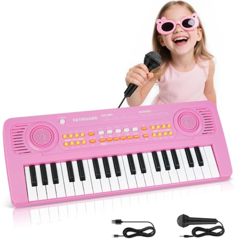 Clavier Piano Enfants 37 Touches avec Microphone Jouets pour 3 4 5 6 - Rose | Portable Musical Instrument Numériques Portables pour Garçon Filles Noël Anniversaire Cadeau