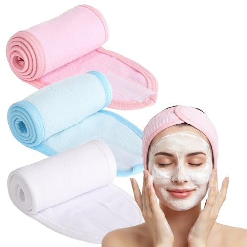 JYNXOR 3 Pcs Bandeau Maquillage, Bandeau Cheveux Femme Maquillage Bandeaux de Bain Esthetique Réglable Headband avec Magic Tape Élastique Bandeau Cheveux pour Soin Visage Spa Lavez Votre Visage
