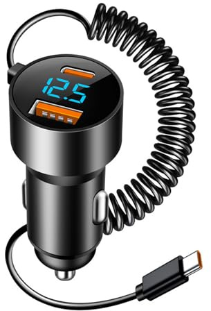 Cargador de Coche USB con Cable Tipo C 100W Integrado 1.5M, Adaptador Mechero Coche Carga Rápida 2 Puertos QC3.0 PD, Accesorios Coche 12V/24V para iPhone, Samsung, Xiaomi, Huawei y Teléfonos Android