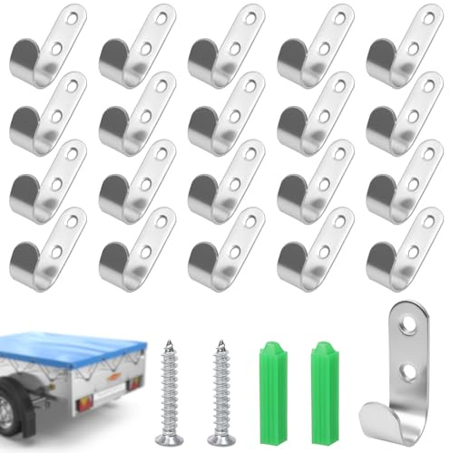 HX-pyahgtv Planenhaken Netzhaken (20 STK) Abspannhaken für Anhänger Plane, 49x16x2mm,Edelstahl Haken Mit 40 Schrauben & Dübeln PKW Anhänger Zubehör für PKW Bordwand Und Netz- & Planenbefestigung