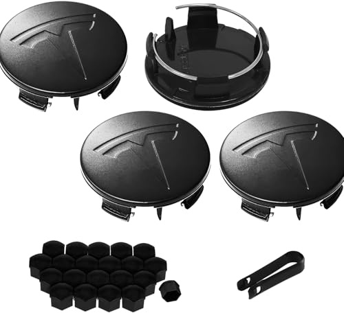 Knomix 4 Pack Exterior Decoration Wheel Center Cover for Tesla Model 3 Model Y,56mm Hubcaps Wheel Rim Cover Tesla Center Caps Hubcaps+20 Black Lug Nut Covers (Matte Black+Matte Black Emblem)