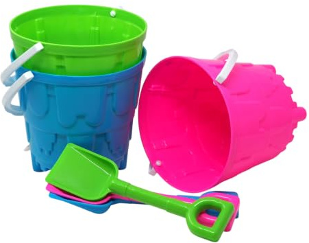 Children's Round Castle Beach Bucket and Spade - Pink Blue Green - Set of 3