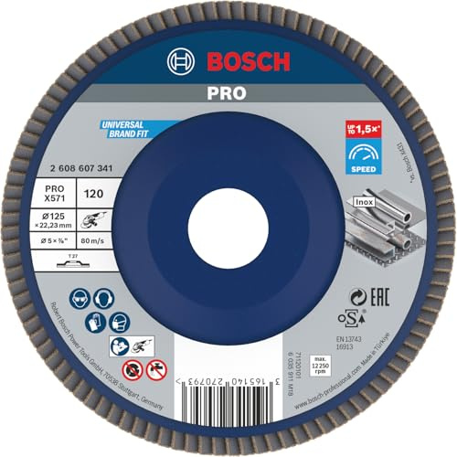 Bosch Professional DIY Fächerschleifscheibe (für Winkelschleifer verschiedene Materialien, gerade Ausführung, Ø 125 mm, Körnung 120) | für Stahl, Edelstahl, Körnung 120, Professional Zubehör Kleiner Winkelschleifer