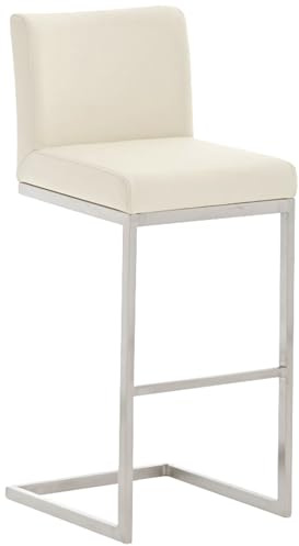 CLP Taburete Alto con Respaldo Paros, Taburete de Barra con Estructura de Acero Inoxidable y tapizado de Cuero sintético, soporta hasta 240 kg, Color:Crema