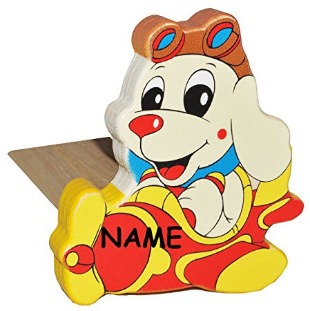 alles-meine.de GmbH 2 in 1: Türstopper/Fensterstopper/Unterlegkeil - aus Holz - Hund im Flugzeug incl. Name - Türkeil/Klemmschutz/Türpuffer/Holztürstopper - für Kinder ..