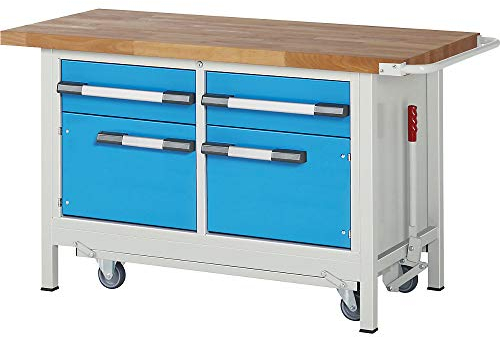 eurokraft | Fahr- und absenkbare Werkbank | Gestellbauweise Serie 8000 | 2 Schubladen | 2 Türen | BxT 1500 x 700 mm