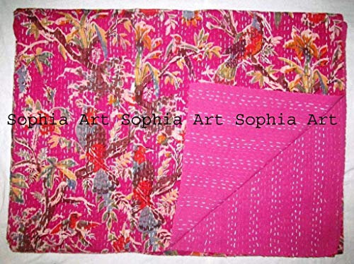 Sophia Art Indische Bohemain-Bettwäsche, Kantha, Vintage, ethnische Baumwolle, Vogel, Kantha, Steppdecke, Tagesdecke, Patchwork-Steppdecke, Queen-Size-Größe, Kantha-Steppdecke (Rosa)