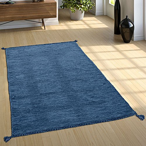 Paco Home Alfombra Natural Salón con Flecos, Moderna Tejida A Mano Kilim, 100% Algodón, tamaño:160x220 cm, Color:Azul