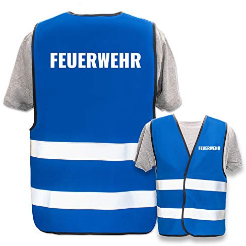 Bedruckte Marken-Warnwesten mit Leuchtstreifen * Standard- o. Reflex-Druck * Einsatzkräfte, Warnweste Begriffe Einsatzkräfte:Feuerwehr, Farbe + Größe:Blau (XL/XXL)