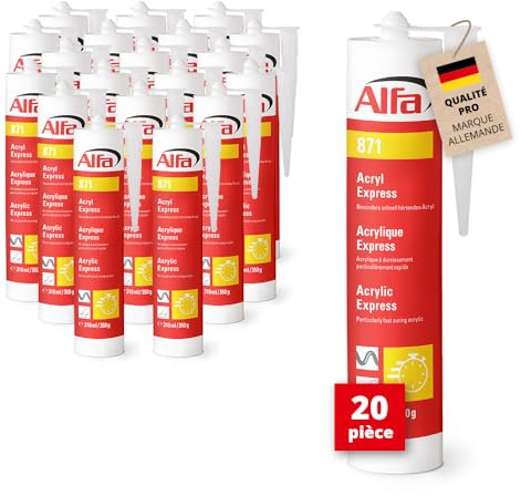 Alfa Mastic acrylique séchage rapide – blanc – 310 ml – 20 pièces | Mastic acrylique à séchage rapide. Peignable en 10 min, sans solvants ni silicone, intérieur/extérieur, anti-fissures.