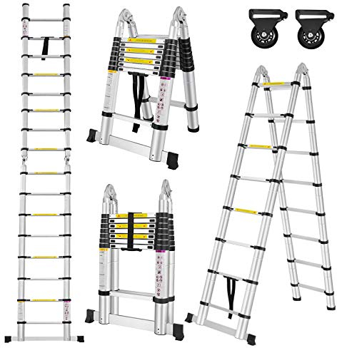 LZQ Klappleiter Anlegeleiter Teleskopleiter Ausziehleiter Alu Teleskop-Design Mehrzweckleiter, 16 Sprossen - 90cm bis 5m Anlegeleiter, 150 kg Belastbarkeit