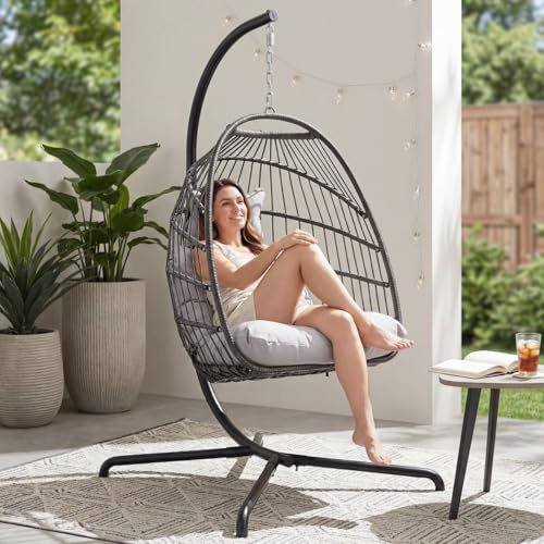 RADIATA Rattan Swing Egg Chair with Stand Outdoor, Comfy Hanging Wicker Chairs with Soft Cushion, Stable 350Lbs Patio Swinging Chair for Adults Bedroom Balcony Indoor Porch Outside, Light Gray