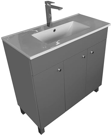 IGA, Lavabo con mobiletto sottolavabo, rettangolare, in ceramica, set di mobili da bagno, grafite, 80 cm