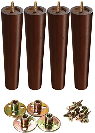 GOSCHE Wooden Chair Table Legs, 25cm Furniture Legs Set of 4, Brown Modern Style Replacement Furniture Feet for Bed Cabinet Couch Cupboard Armchair, Family DIY Sofa Legs with Screws Mounting Plate