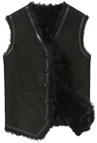 Schaffell Pelz Herren Leder Weste Winter Dicke Warme Lammfell Weste V-Ausschnitt Button Down Jacken Black XL