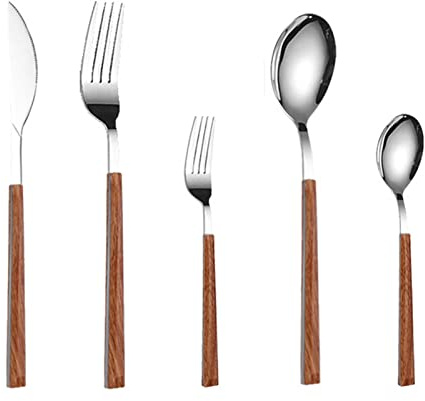 Besteck-Set, 5-teilig, Besteckset aus Edelstahl, verschiedene Bestecke, Geschirr mit Holzgriff, inkl. Messer, Gabel, Kaffeelöffel (Silber, B)