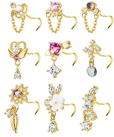 Kakonia 9 Pièces 20g Suspension Anneau Nasal Goujon Femme Acier Inoxydable L Goujon Nasal Coeur Flèche Plume Flocon De Neige Ailes Cz Suspension Narine Bijoux S G