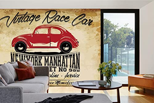 Vlies Fototapete RETRO ROTES AUTO 375 x 250 cm (inkl. Kleister) - Vlies Tapete, Wandtapete, Wandbilder - Tapete für Wohnzimmer Schlafzimmer, Büro, Küche - Montagefertig