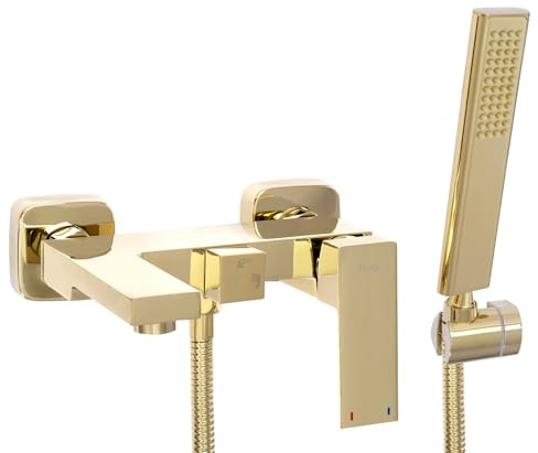 Rea Badewannenarmatur FENIX GOLD Wasserhahn Badewanne Einhebel Wannenarmatur mit Handbrause Badarmatur aus Messing Mischbatterie Wandmontage (Gold)