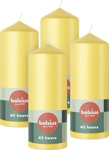 Bolsius släta blockljus – gul – 4 stycken – 15 x 6 cm – dekorativa hushållsljus – längd brinntid 42 timmar – oparfymerat – 5% naturligt växtvax – utan palmolja