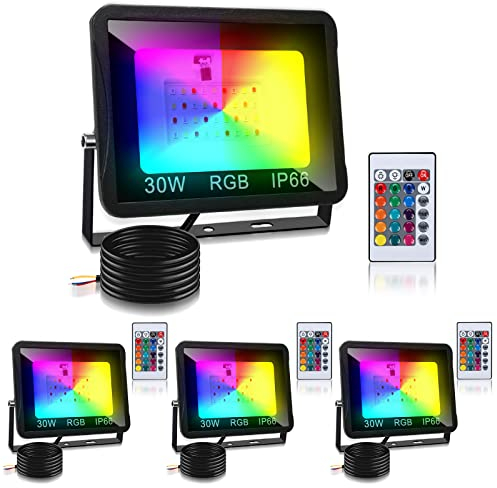 Daromigo RGB Strahler 30W 4er, RGB LED Strahler mit Fernbedienung, RGB LED Fluter Dimmbar mit 16 Farben 4 Modi, IP66 Wasserdicht, RGB fluter Outdoor für Party, Garten, Stimmungslicht
