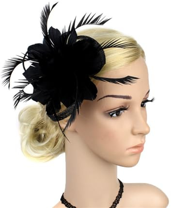 LERTREEUK Fascinator mit seitlichem Clip, Blumendesign, Gatsby Flapper, Feder, Haarspange, Vintage-Stil, Hochzeitsbrosche (Schwarz)