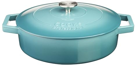 Cooks Professional 28cm Cast Iron Shallow Casserole Dish 4.3L with Lid & Handles | Colourful Modern Enamelled Cooking Pan Pot | Suitable For All Hobs Inc Induction | Oven & Grill Safe | Teal