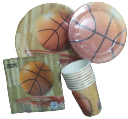 Lote de Vajillas Juveniles Baloncesto (8 Vasos, 8 Platos, (23 cm), 8 Platos (18 cm) y 20 Servilletas) .Detalles y Decoración para Fiestas de Cumpleaños, Halloween, Bodas, Bautizos, Comuniones. AB