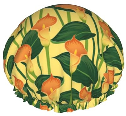 Hair Cap for Shower - Green LeavesCalla Lily Flowers Double Layer Shower Cap Reusable Waterproof, Large Shower Cap for Women, Hair Cap for Shower with Peva Lining and Elastic Rope