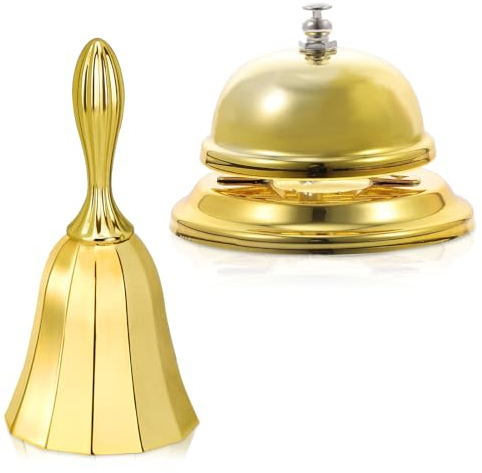 LELE LIFE 2 Pack Hand Bell and Desk Bell, All-Metal Loud Service Bell Dinner Bell, Call Bell Ring Bell for Kitchen, Restaurant, Bedside, Bar, Hotel, Front Desk, Shiny Gold