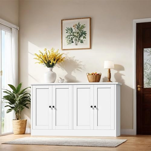 holzart White Buffet Cabinet with Storage, 49 Modern Kitchen Sideboard with 4 Doors & Adjustable Shelves, Wood Coffee Bar Cabinet Console Table for Dining Room, Living Room, Entryway