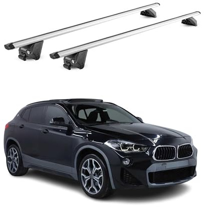 OMAC Barres de Toit Aluminium certifiées TÜV pour BMW X2 F39 2018-2023 – pour Rails de Toit intégrés – Rainure en T – Charge Max 100 kg – 2 antivols Argent