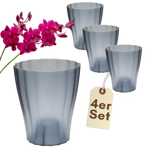 GarPet 4er Set Orchideentopf Transparent Orchideen Übertopf Pflanztöpfe Übertöpfe für Orchideen aus Kunststoff Innen Durchsichtig Elegant 16 cm rauchfarbig