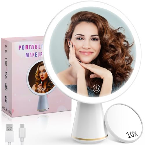 Alljia Makeup Mirror with Lights Detachable 10x Magnify, 7.1 φ Rechargeable Free Standing Dimming Desktop Lighted Vanity Mirror for Women Teen Girls(White)