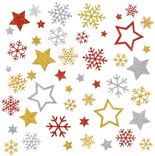 BETESSIN Glitzer Aufkleber Weihnachten - 7 Bögen Weihnachtssticker Selbstklebend mit Sterne & Schneeflocken Motiven - Weihnachtsaufkleber für Weihnachtskarten, Scrapbook & Fotoalben