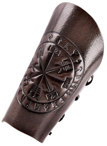 Battle-Merchant Leder Armschützer mit Vegvísir Prägung, einzeln | Armband, Armstulpe, Armband, Accessoire, für Mittelalter, Wikinger, Reenactment & LARP Fans