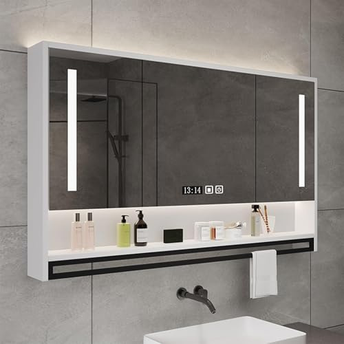 GEESDF Badezimmer-Spiegelschrank Mit Beleuchtung, Wand-Aufbewahrungsschrank, Schrankeinheit, 3 Drehtüren, LED-Spiegelschrank Mit Antibeschlag- Und Handtuchhalter,Weiß,100cm