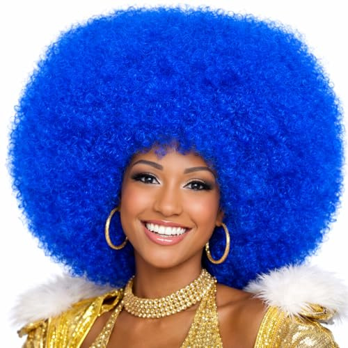 Hatstar XL Afro Perücke | Kraushaar Lockenkopf Perücke | Rasta Afroperücke | Kostüm Hippie Accessoire für Karneval und Fasching (blau)