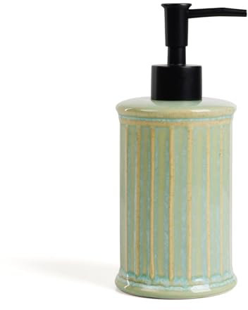 Umlaca Seifenspender Keramik Spülmittelspender, Nachfüllbarer Seifenspender Keramik 350ml, Pumpspender mit Streifenmuster, Soap Dispenser Geeignet für Küche, Bad (Cyan)