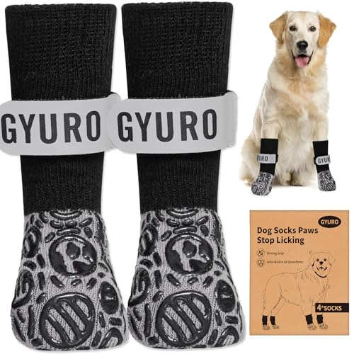 GYURO Doppelseitige Anti-Rutsch Hundesocken für den Innenbereich, um das Lecken der Pfoten zu verhindern-Pfotenschutz Haustierpfoten Schutz Traktion Kontrolle Socken auf Hartholzboden (Schwarz, L)