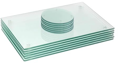 Harbour Housewares 12pc Glass Placemats & Coasters Set - 30 x 20cm | Clear Rectangular Tempered Heat-Resistant Non-Slip Place Mat & Round Coasters Set Indoor Home Kitchen Table Plate Place Mat