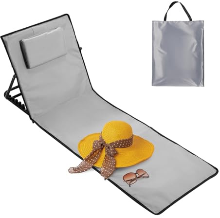 Ollewiellan Strandstol, vikbar, lätt, strandmatta med ryggstöd med kudde och förvaringsfack, solmatta vikbar för stranden inklusive bärväska, strandstol, ljusgrå, L 145 cm