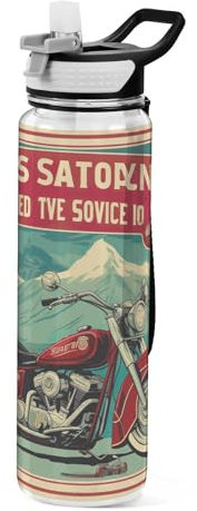 Grckit Vintage Motorcycle Pattern Water Bottle 32oz Tritan BPA-free Leak-proof Sports Water Bottle with Carry Strap for Hiking Camping Gym Outdoors