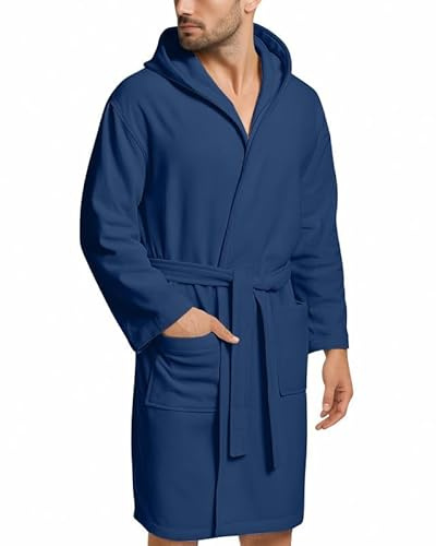 NARCISO - Peignoir Homme Femme en Microfibre Économique avec Poches, Capuche et Ceinture, Idéal pour la Maison, le Voyage, la Salle de Sport, Tissu Doux et Confortable, Tailles de S à XXL, Bleu marine