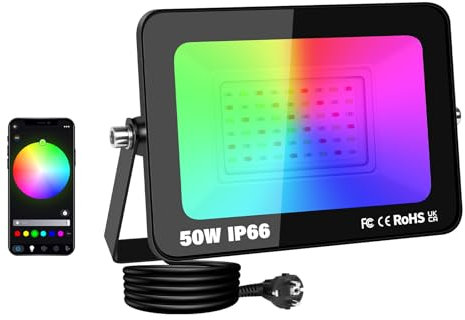 SKYWORLD 50W Foco LED RGB Exterior, Proyector LED Multicolor Impermeable, Control de APP, Luz de Inundación RGB Foco de Colores Smart LED Floodlights para Jardín Parque Hotel Terraza