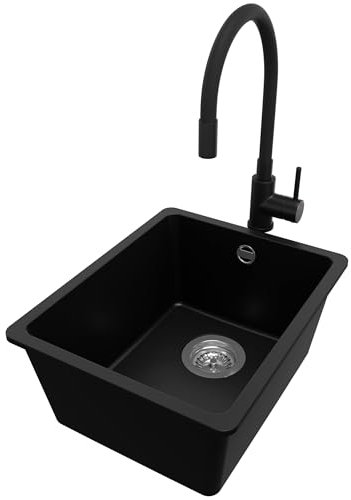 PRIMAGRAN Evier Cuisine en Granit Noir 36x44cm, Lavabo 1 bac + Robinet 40x38cm + Kit de Vidage, Évier à Encastrer al mueble 40cm - Venise Slim Easy S021
