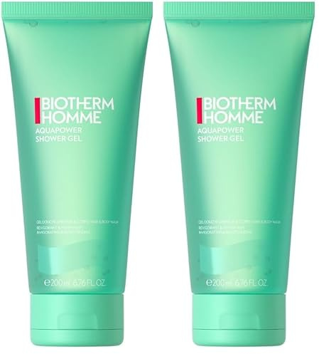 Biotherm Homme Aquapower Shower Gel, belebendes Duschgel für Männer mit und Life Plankton, für eine erfrischte und hydratisierte Haut, Körper & Haare, 200 ml (Packung mit 2)