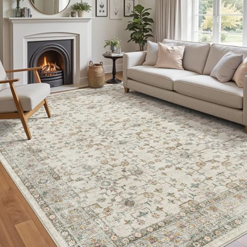 DEXI Teppich Wohnzimmer 152 x 244 cm, rutschfest Wohnzimmerteppich Waschbar Kurzflor Florales Design Bettvorleger Teppiche für Schlafzimmer, Esszimmer, Büro, Beige