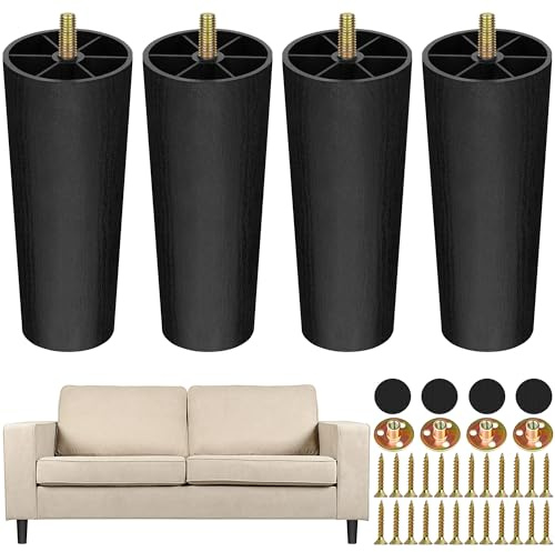 TURSTIN 4 Pack 6 Inch Plastic Furniture Legs with M8 T-nuts Screws Tapered Sofa Couch and Chair Legs Replacement Furniture Legs for DIY Projects Sofas Coffee Tables Dressers Beds